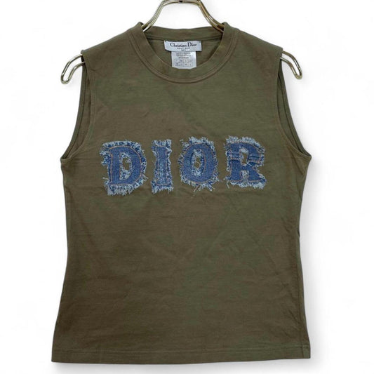 Christian Dior Vintage Logo Sleeveless Top Denim Print Khaki Cotton
