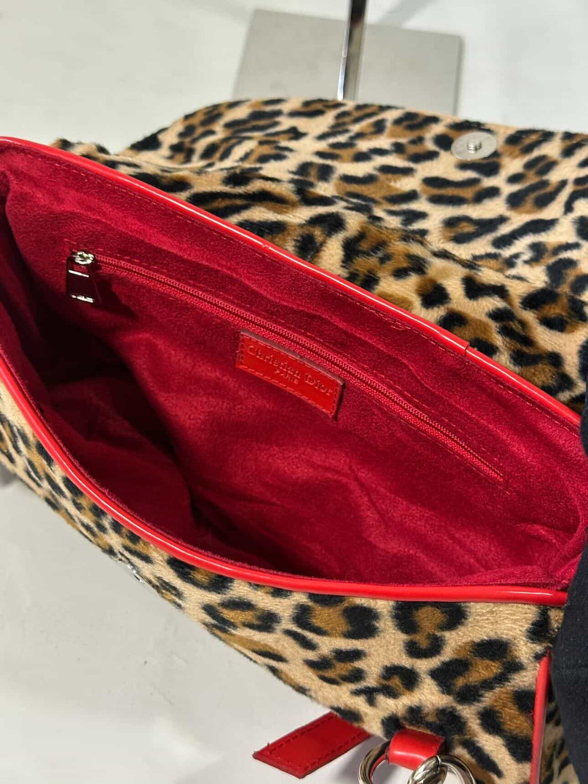 Vintage Christian Dior Leopard Print Saddle Bag with Red Leather Strap