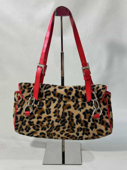 Vintage Christian Dior Leopard Print Saddle Bag with Red Leather Strap