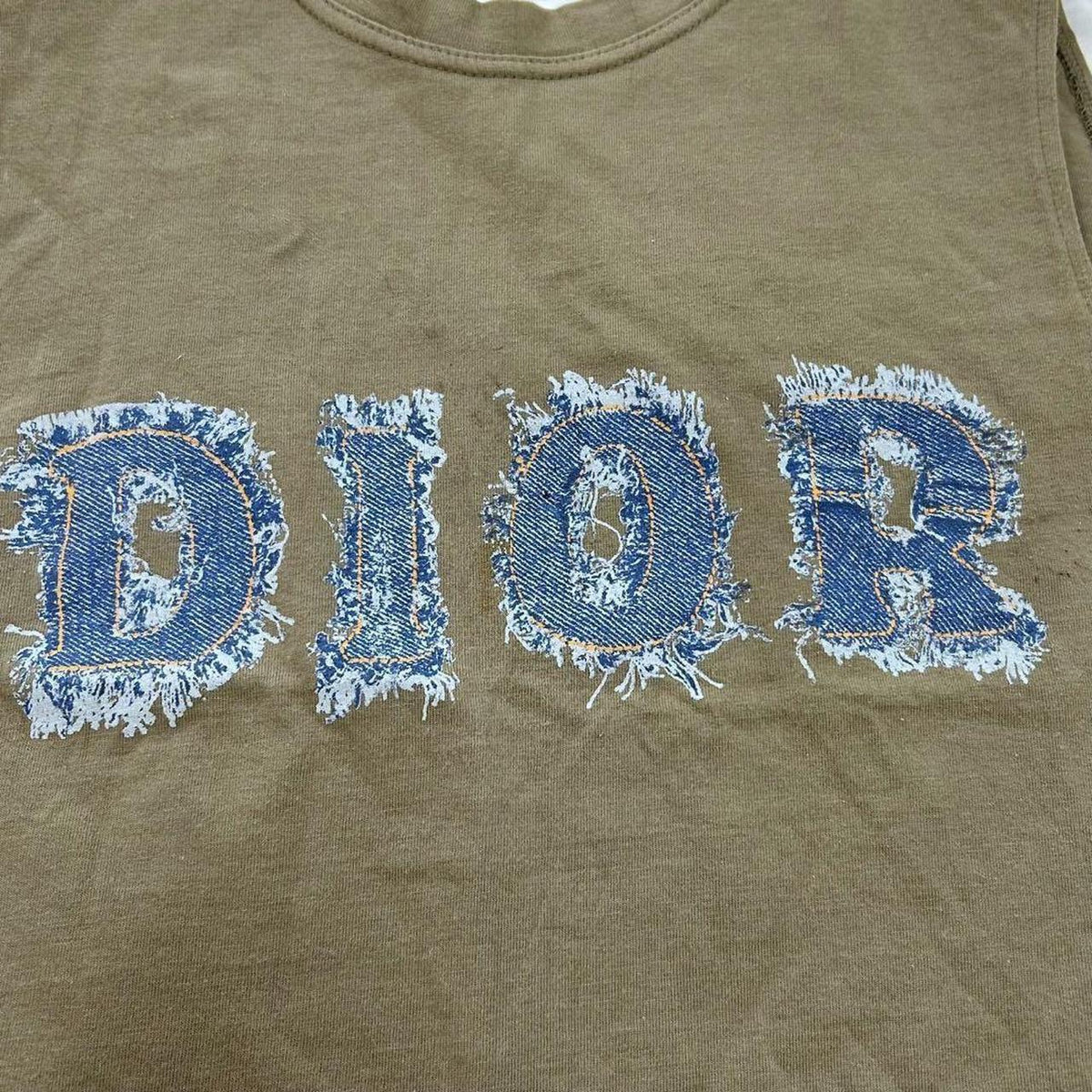 Christian Dior Vintage Logo Sleeveless Top Denim Print Khaki Cotton