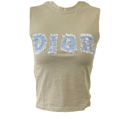 Christian Dior Vintage Logo Sleeveless Top Denim Print Khaki Cotton