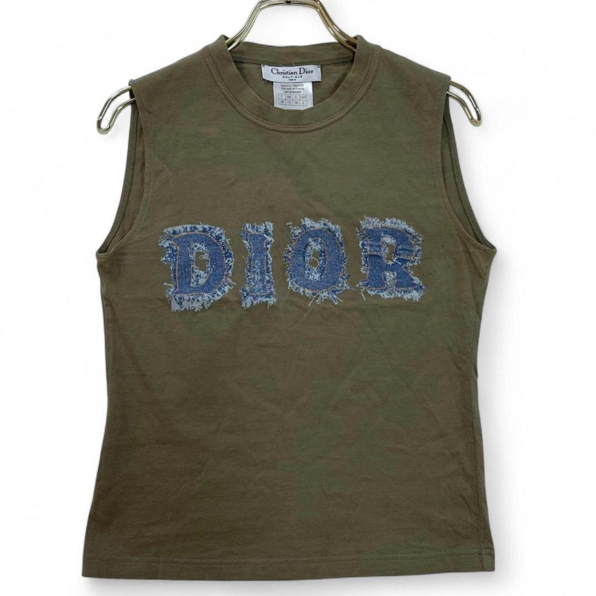 Christian Dior Vintage Logo Sleeveless Top Denim Print Khaki Cotton