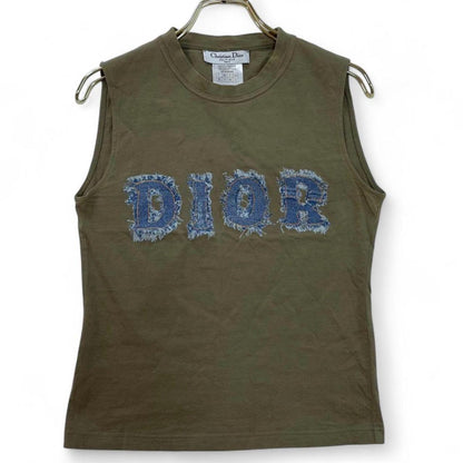 Christian Dior Vintage Logo Sleeveless Top Denim Print Khaki Cotton