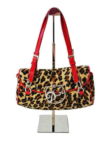 Vintage Christian Dior Leopard Print Saddle Bag with Red Leather Strap