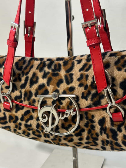 Vintage Christian Dior Leopard Print Saddle Bag with Red Leather Strap