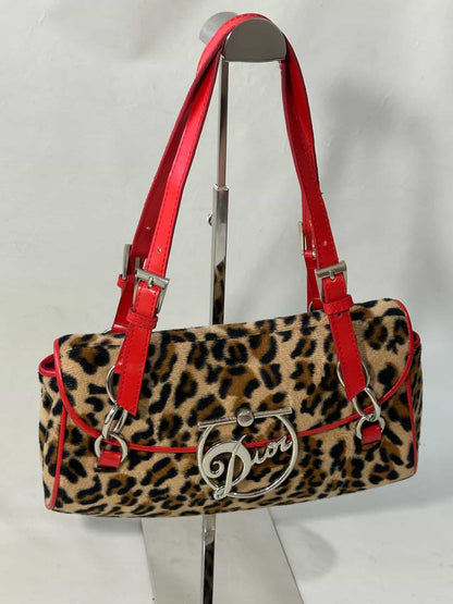 Vintage Christian Dior Leopard Print Saddle Bag with Red Leather Strap