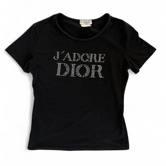 Christian Dior Vintage Logo T-shirt Top Swavorski Print Cotton Black