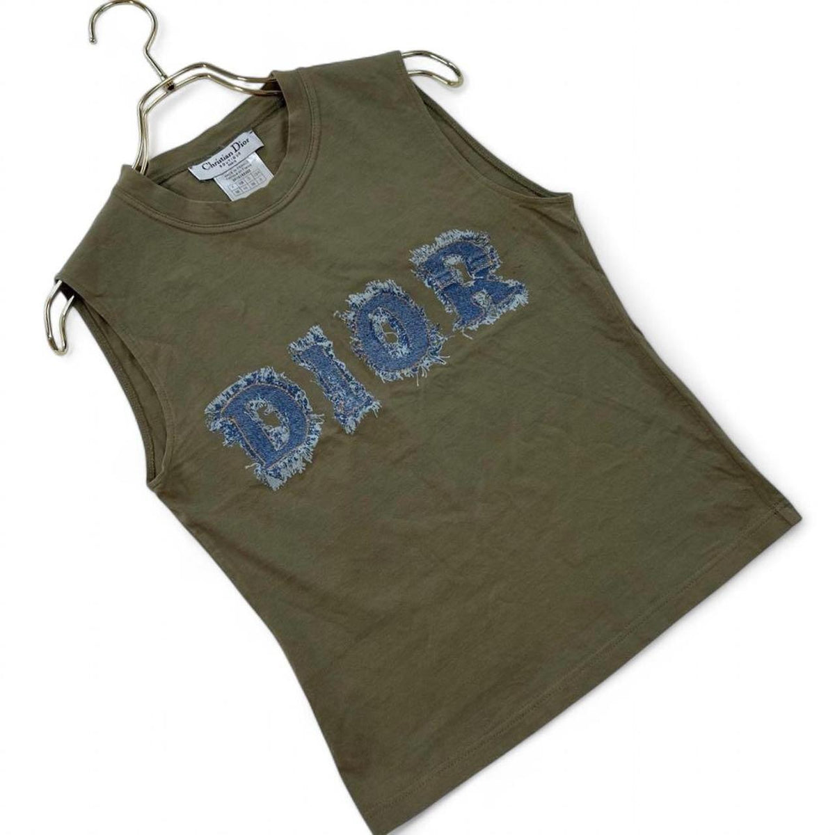Christian Dior Vintage Logo Sleeveless Top Denim Print Khaki Cotton