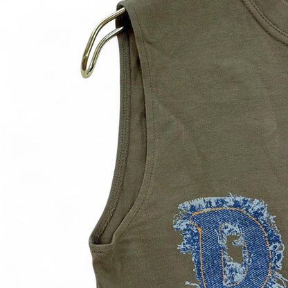 Christian Dior Vintage Logo Sleeveless Top Denim Print Khaki Cotton