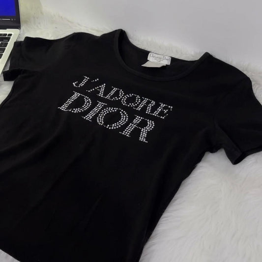 Christian Dior Vintage Logo T-shirt Top Swavorski Print Cotton Black
