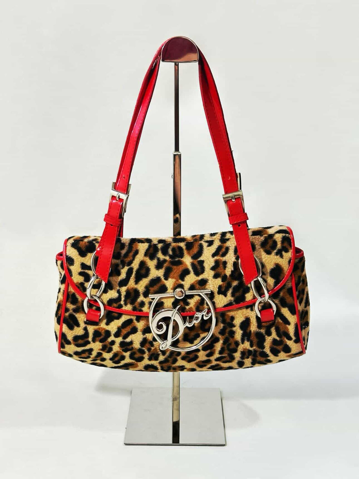 Vintage Christian Dior Leopard Print Saddle Bag with Red Leather Strap