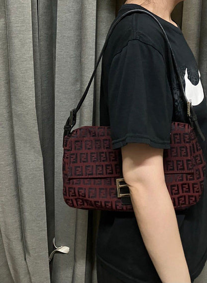 Fendi Burgundy & Black Zucchino Baguette Shoulder Bag